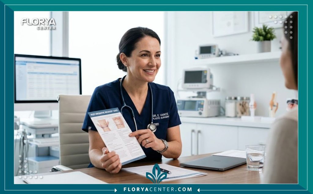 طبيبة جراحة تجميل تشرح للمريضة تعليمات فترة النقاهة لضمان أفضل نتيجة لعملية شد البطن.