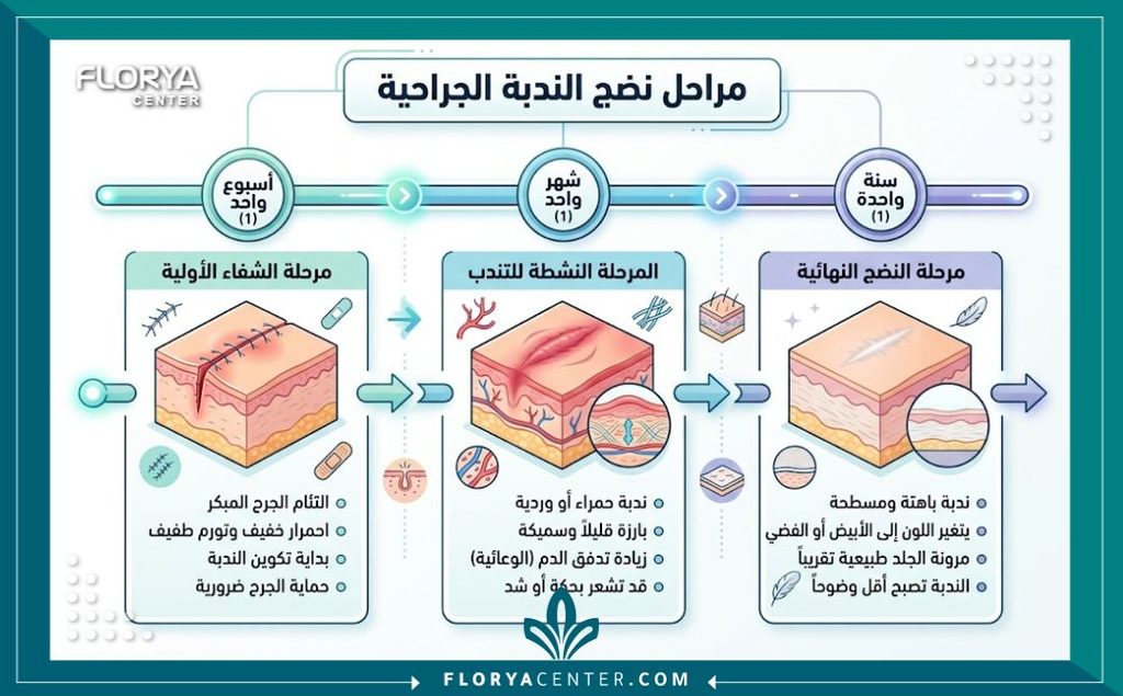 شكل الجرح بعد شهر من عملية شد الأفخاذ 3 إنفوجرافيك يقارن مراحل التئام ندبات شد الفخذين من الأسبوع الأول مروراً بالشهر الأول وحتى اكتمال الشفاء بعد سنة.