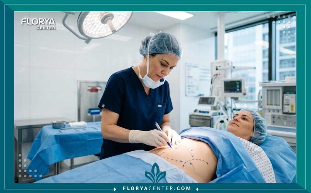جراح تجميل ماهر يقوم بتخطيط السرة بدقة قبل جراحة شد البطن لضمان أفضل نتيجة طبيعية.