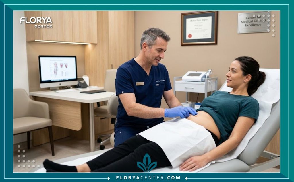 جراح تجميل خبير يفحص نتائج عملية شد البطن وشكل السرة النهائي في عيادة تجميل فاخرة ومجهزة.