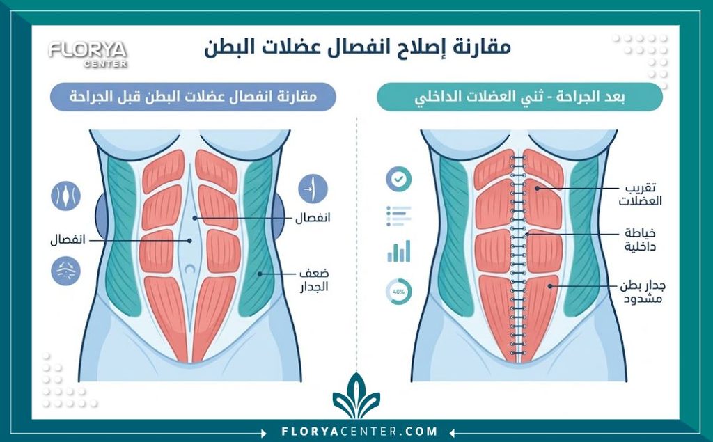 إنفوجرافيك يقارن بين شكل عضلات البطن قبل وبعد خياطة غرز شد البطن الداخلية وإصلاح الانفصال العضلي.