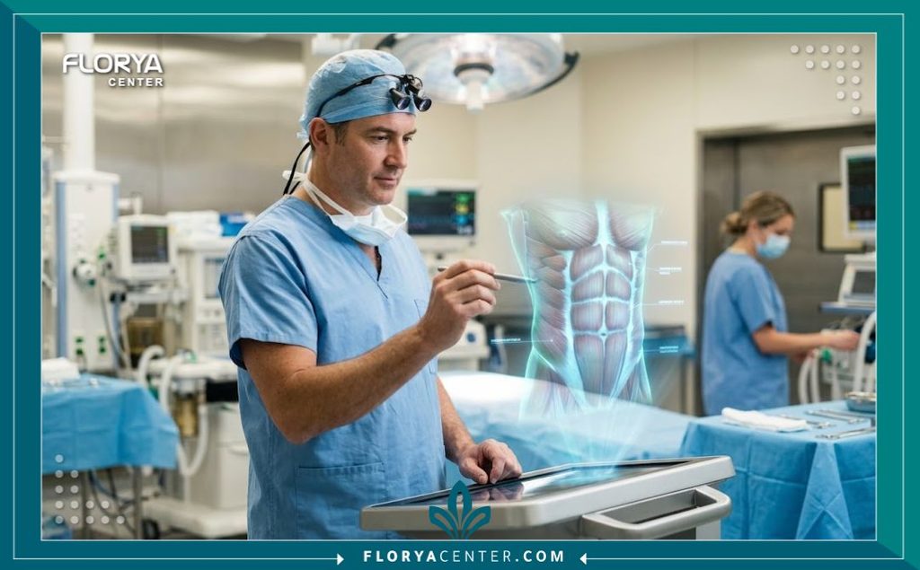 غرفة عمليات حديثة وفائقة التعقيم حيث يقوم جراح التجميل بتخطيط دقيق لعملية شد البطن وخياطة العضلات الداخلية لضمان أفضل نتيجة.