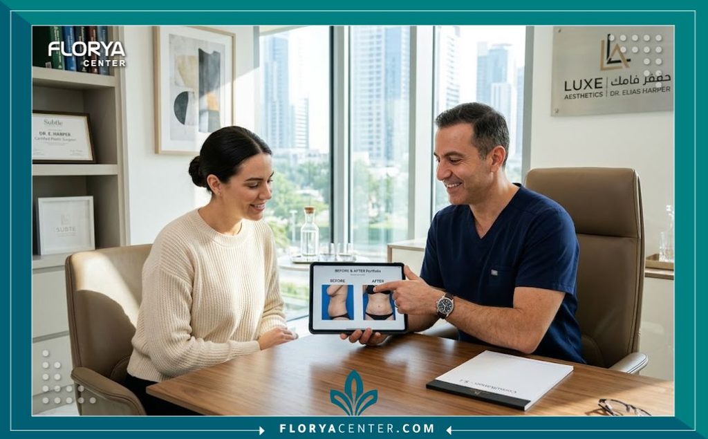 جراح تجميل خبير يعرض صور قبل وبعد شد البطن لمريضة داخل عيادة تجميل حديثة لضمان النتائج.