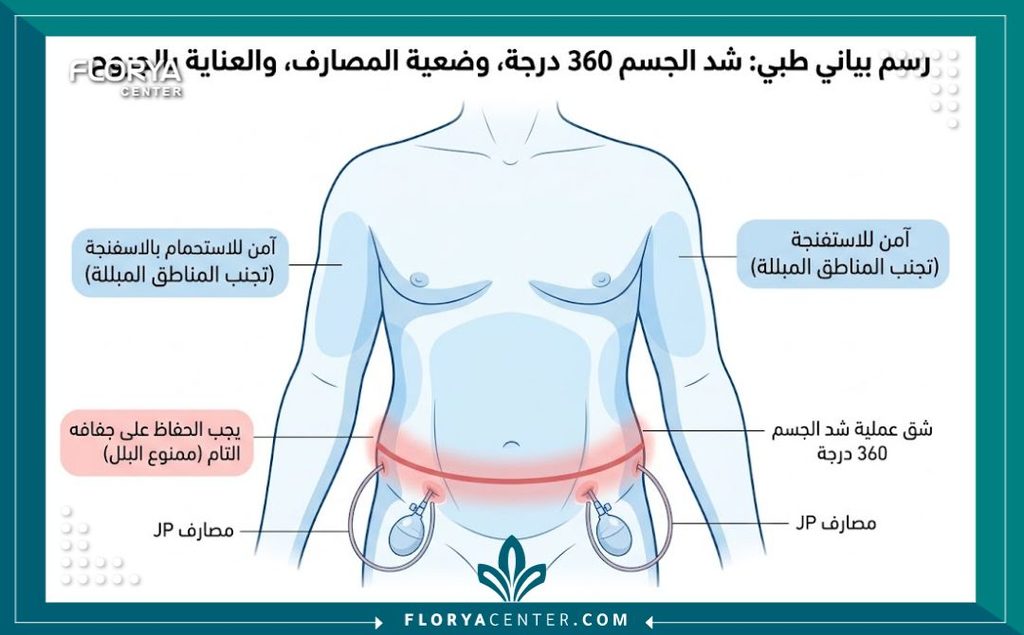 رسم توضيحي لأماكن جروح عملية شد الجسم وموقع الدرنقة لتجنب وصول الماء إليها أثناء الاستحمام.