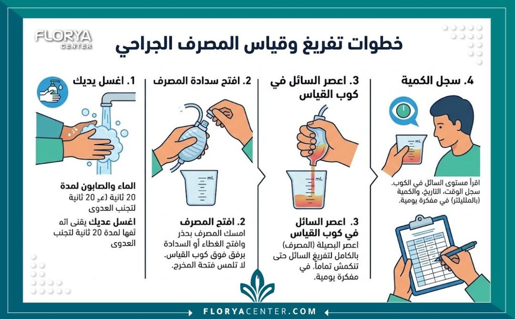 طريقة العناية بأنابيب التصريف (الدرنقة) في المنزل 3 إنفوجرافيك يوضح خطوات طريقة العناية بأنابيب التصريف وقياس سائل الدرنقة الجراحية في المنزل بأمان.