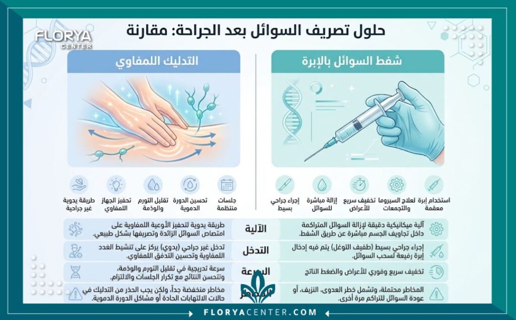 طريقة تصريف السوائل بعد جراحة شد الجسم 3 إنفوجرافيك يقارن بين طرق التخلص من تجمع السوائل بعد عمليات التجميل: المساج اللمفاوي مقابل سحب السوائل بالإبرة طبياً.