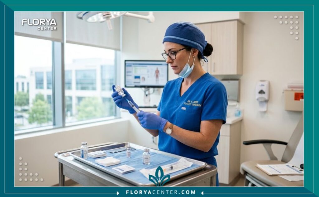 طريقة تصريف السوائل بعد جراحة شد الجسم 4 طبيب جراحة تجميل داخل عيادة معقمة يجهز إبرة طبية لسحب السوائل المتجمعة (السيروما) بأمان بعد عملية شد البطن.