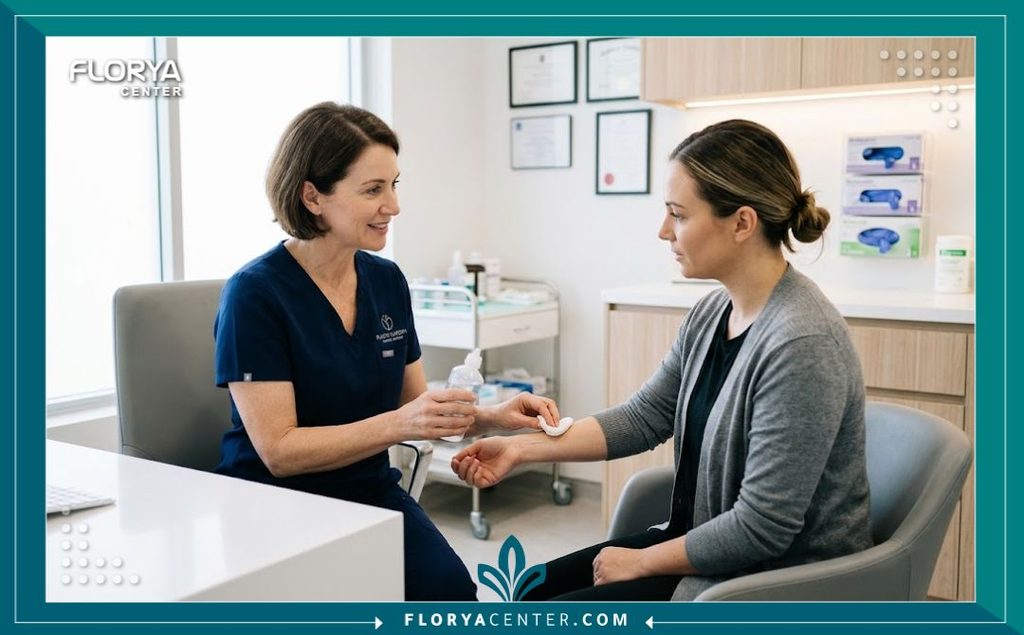 طريقة تنظيف السرة بعد عملية شد البطن 4 طبيب جراحة تجميل يشرح للمريضة تعليمات العناية بالجرح وتنظيف السرة لتجنب الالتهابات بعد شد البطن.