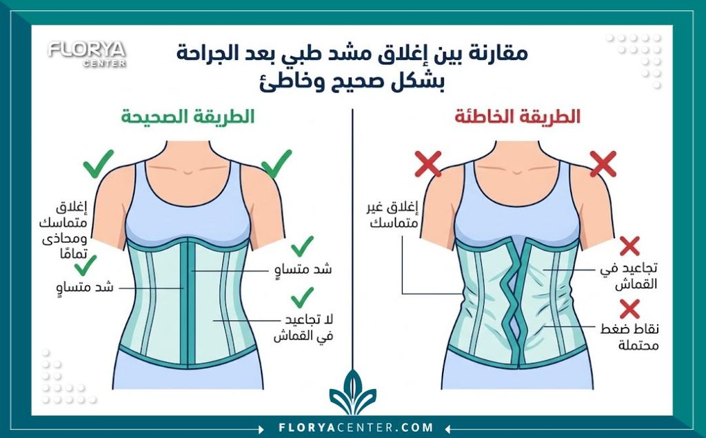 إنفوجرافيك يقارن بين الطريقة الصحيحة والخاطئة لإغلاق الكورسيه بعد عملية الشفط والشد لتجنب التعرجات.