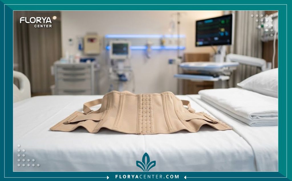 مشد طبي عالي الجودة مجهز في غرفة إفاقة حديثة استعداداً لارتدائه مباشرة بعد العملية الجراحية.