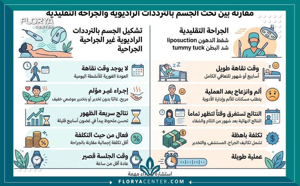 إنفوجرافيك يقارن بين عروض جلسات الراديو فريكونسي لشد الجسم والعمليات الجراحية ومميزات كل منهما.