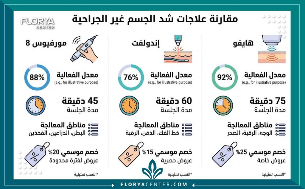 إنفوجرافيك يقارن بين أفضل تقنيات وتخفيضات عروض عيادات التجميل على أجهزة شد الجسم بدون جراحة.