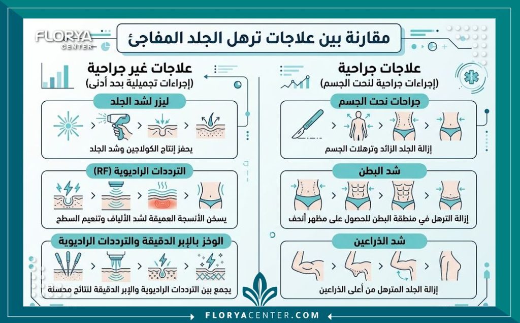 إنفوجرافيك يقارن بين الطرق الجراحية وغير الجراحية المستخدمة في علاج ترهلات الجلد بعد إبر التنحيف والدايت القاسي.