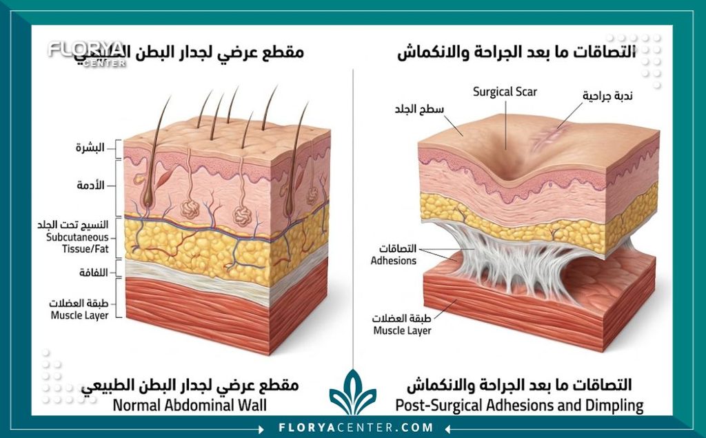 علاج الالتصاقات الجلدية بعد الجراحة 2 رسم توضيحي طبي يشرح تشريح الالتصاقات الجلدية بعد شفط الدهون وكيفية سحب الجلد للعضلات.