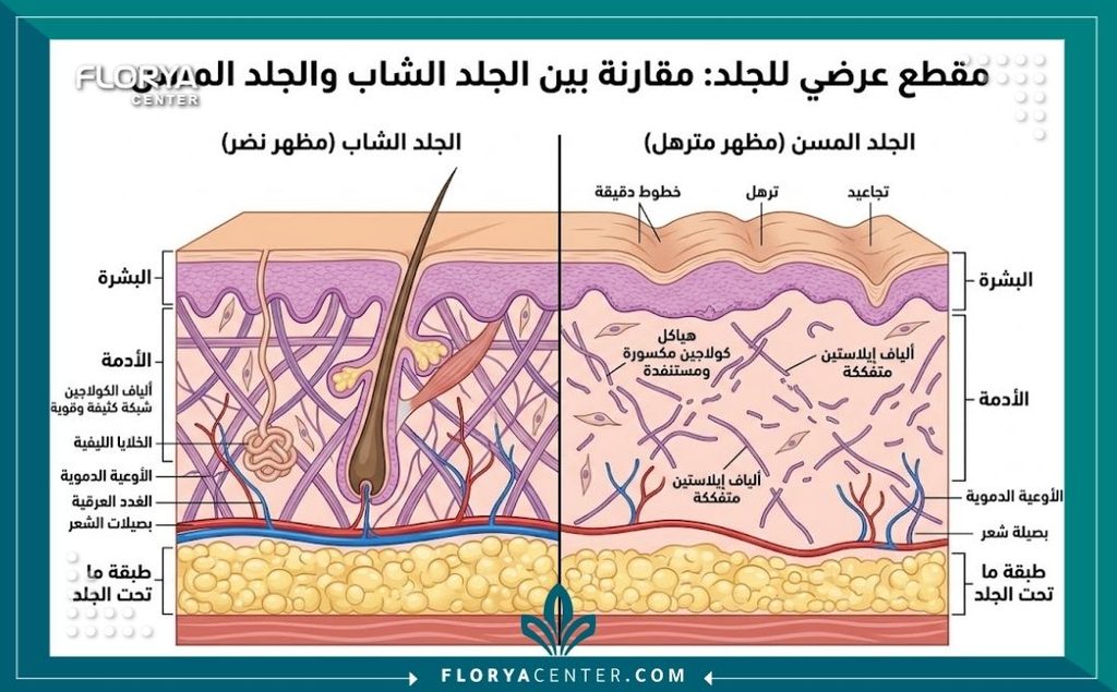 رسم توضيحي طبي لطبقات الجلد يقارن بين البشرة الشابة والبشرة المترهلة بسبب تراجع الكولاجين والإيلاستين مع العمر.