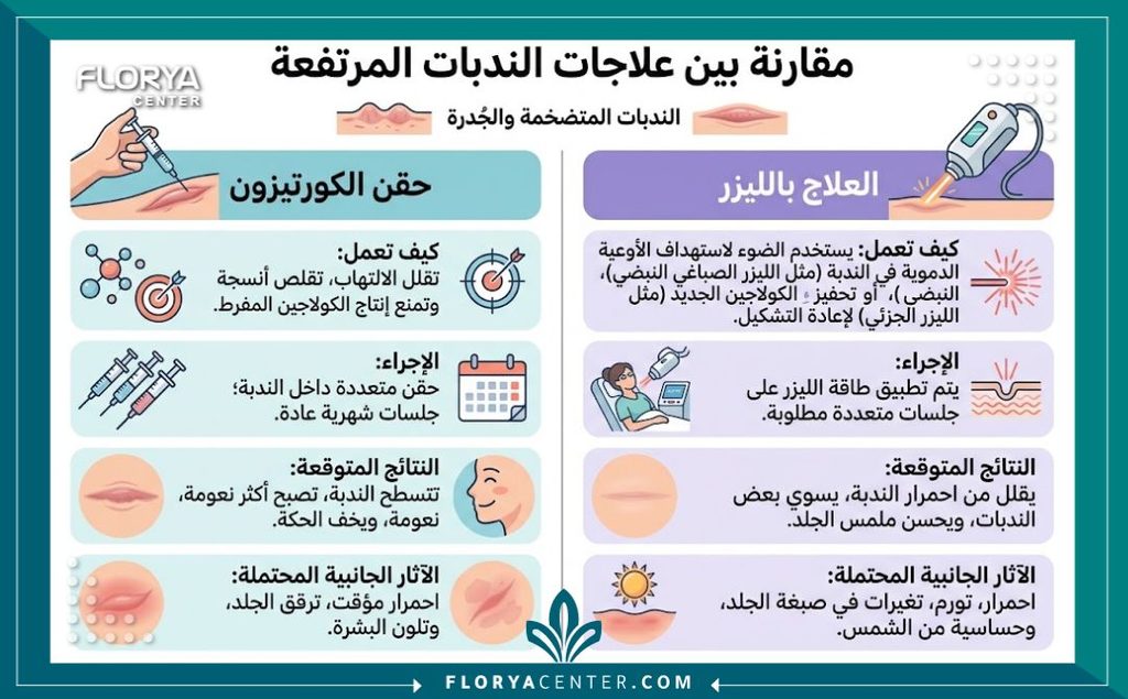 إنفوجرافيك طبي يقارن بين حقن الكورتيزون وعلاج الليزر للتخلص من الندبات الجدرانية بعد جراحات شد البطن.