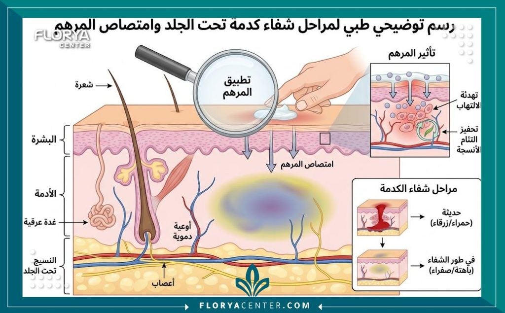رسم توضيحي لطبقات الجلد يوضح كيفية عمل مراهم الكدمات مثل الأرنيكا بعد شفط الدهون.