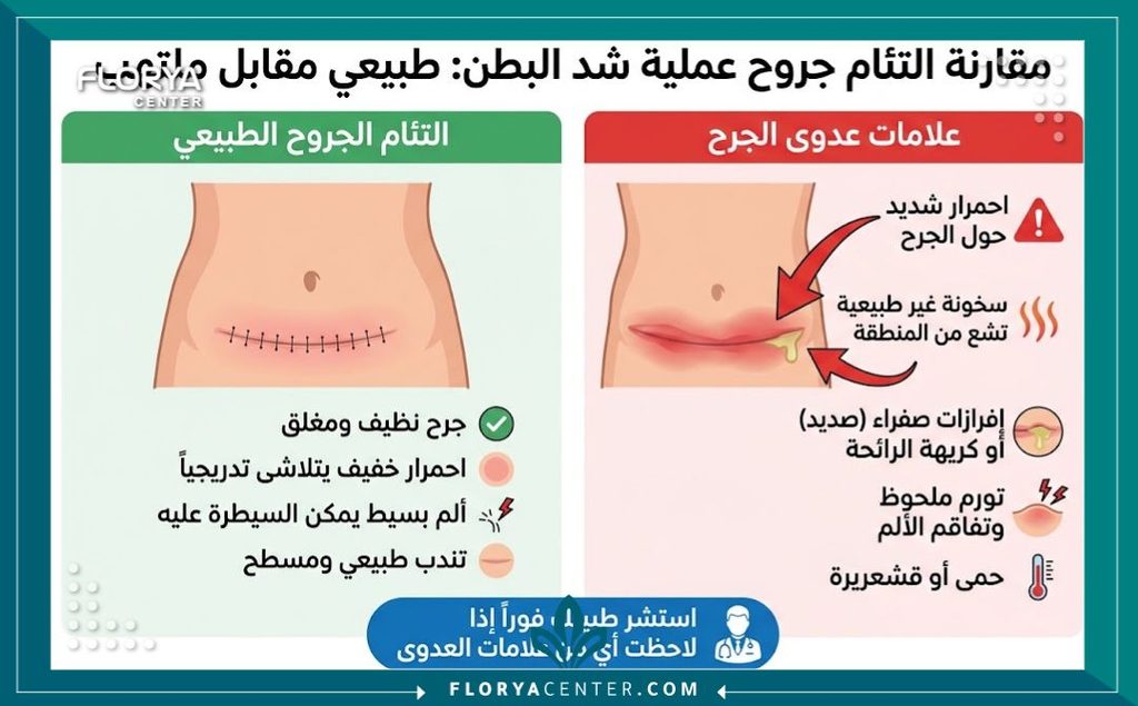 إنفوجرافيك يقارن بين التئام الجرح الطبيعي والأعراض التحذيرية لالتهاب الجرح بعد شد البطن مثل الصديد والحرارة العالية.