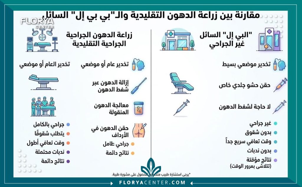 عمليات الـ BBL بدون جراحة باستخدام المحفزات 3 إنفوجرافيك يقارن بين عملية تكبير المؤخرة البرازيلية الجراحية وتقنية Liquid BBL لتعبئة المؤخرة بدون شفط دهون.