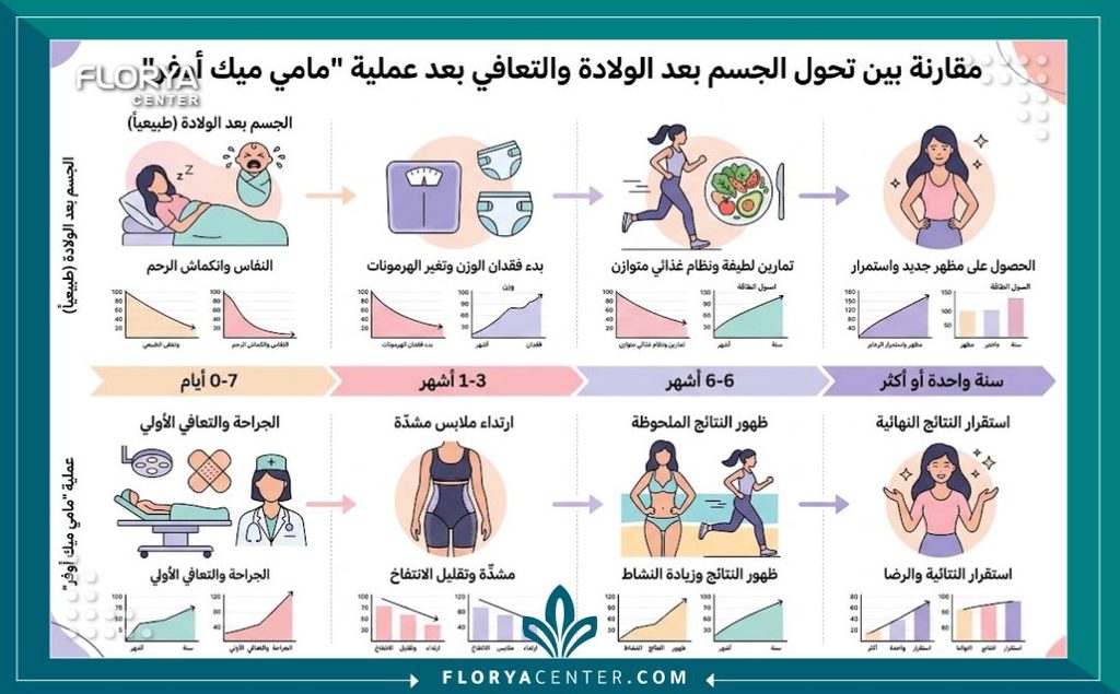 إنفوجرافيك يوضح مراحل التعافي والنتائج المتوقعة لعمليات المامي ميك أوفر للحصول على قوام المشاهير.