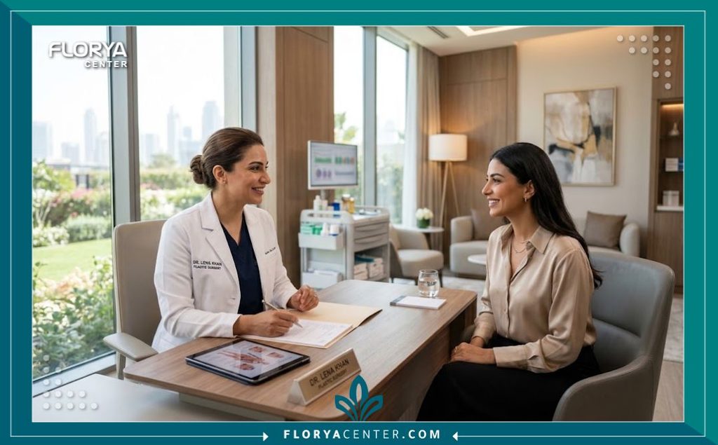 استشارة طبية داخل عيادة تجميل فاخرة متخصصة في تقديم جراحات المامي ميك أوفر بتقنيات عالمية.