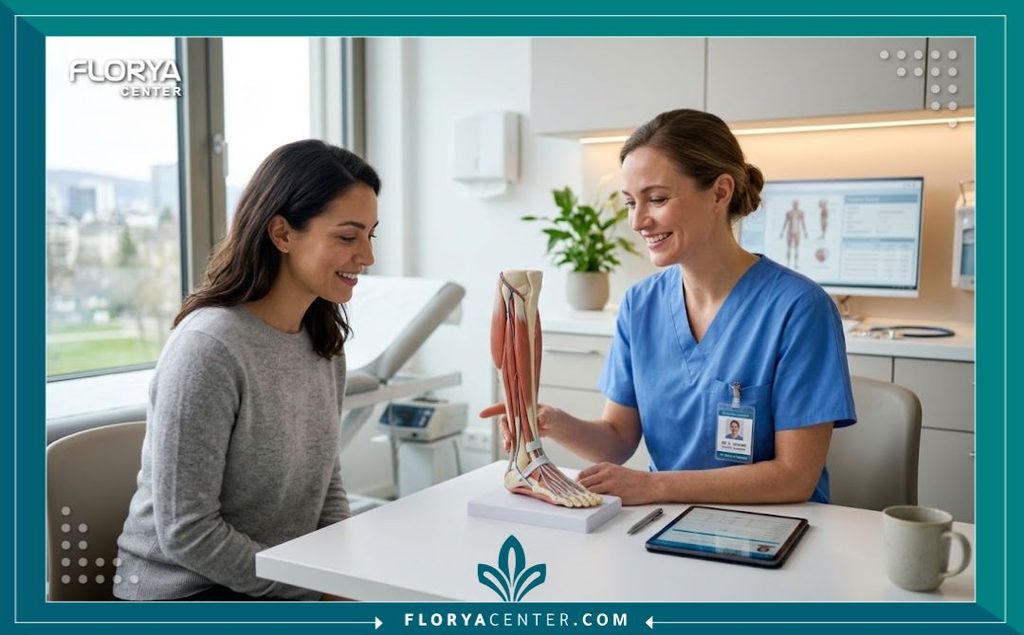 استشارة طبية مع جراح تجميل متخصص لمناقشة خطوات عملية استئصال الجلد الزائد من الكاحل في مستشفى حديث ومعقم.