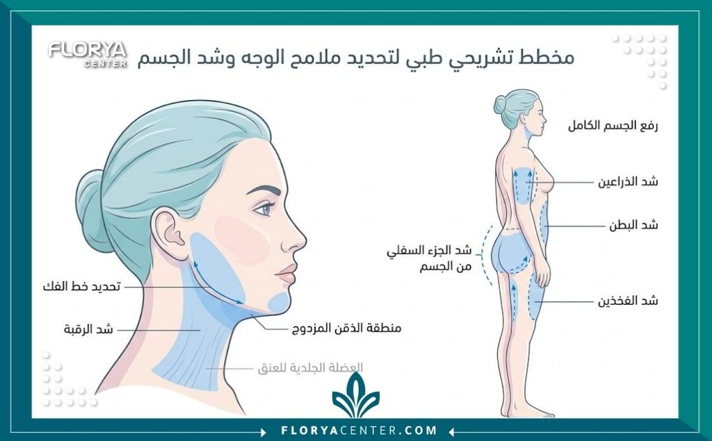 رسم توضيحي طبي دقيق يوضح تشريح ومناطق عملية تحديد الفك والرقبة مع شد الجسم وأماكن التدخل الجراحي.