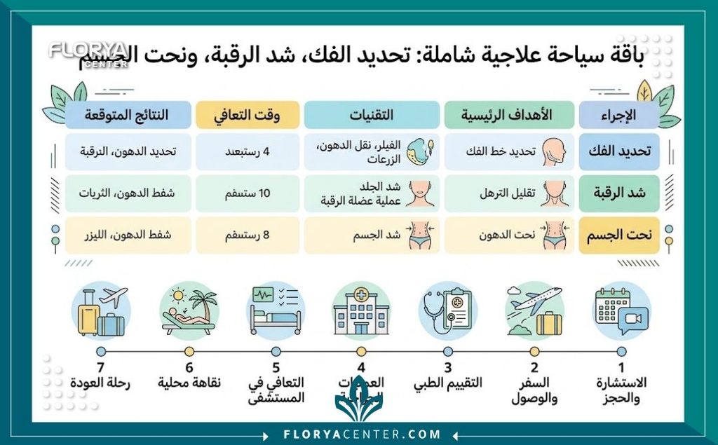 إنفوجرافيك يشرح خطوات ومميزات باقة السياحة العلاجية المتكاملة لعملية تحديد الفك والرقبة مع شد الجسم في تركيا.