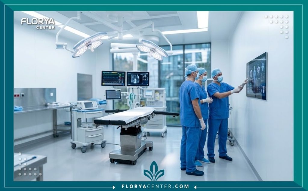 غرفة عمليات مجهزة بأحدث التقنيات الطبية في مستشفى تجميل فاخر مخصص لإجراء عمليات شد الجسم وتحديد الفك بأمان تام.