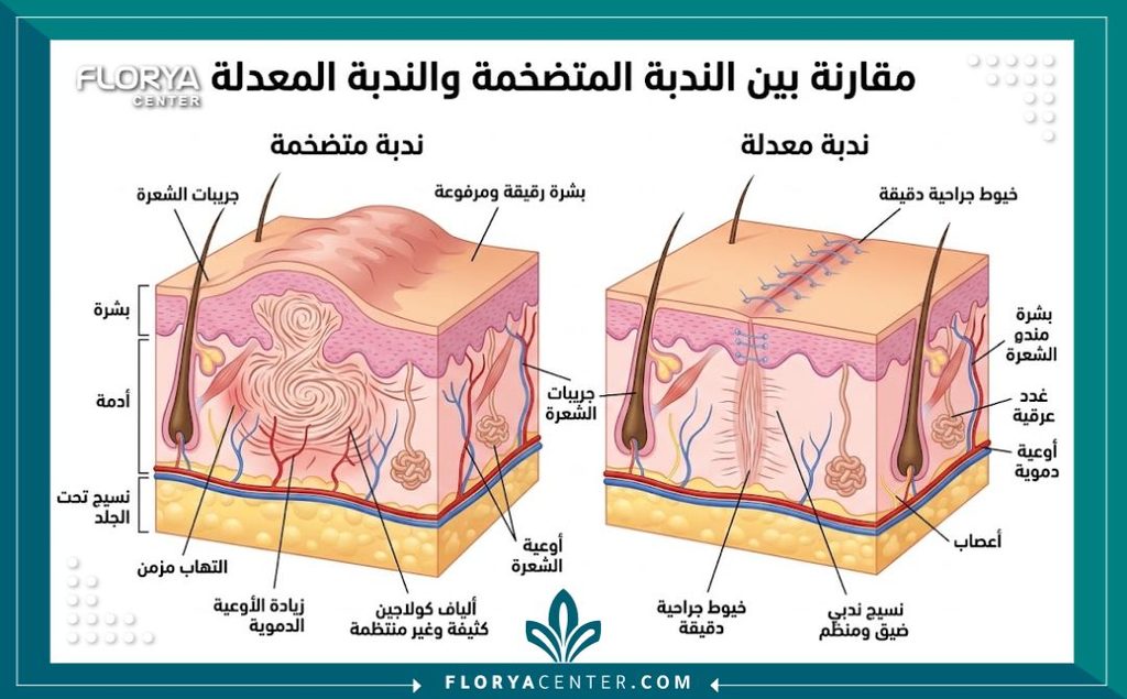 رسم توضيحي طبي يشرح طبقات الجلد والفرق بين الندبة التضخمية والندبة التجميلية بعد التعديل.