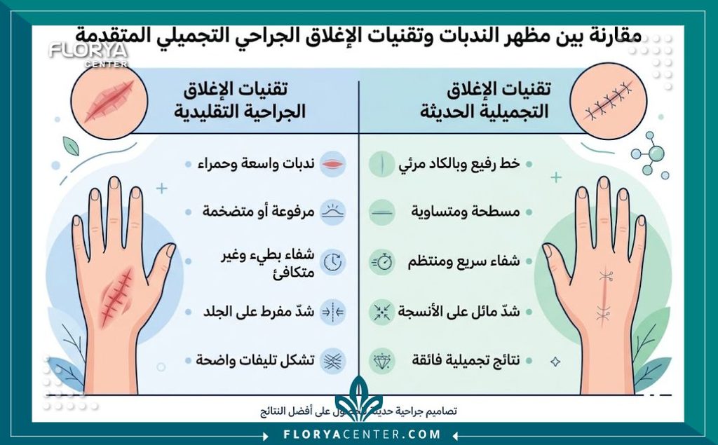 إنفوجرافيك يقارن بين شكل الندبات الحمراء العريضة ونتائج جراحة إعادة قص وخياطة الندبة تجميلياً.