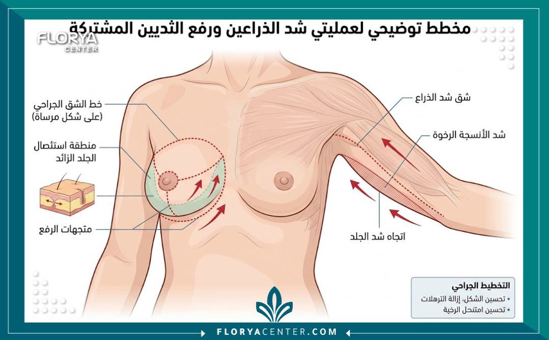 رسم توضيحي طبي يوضح مناطق التداخل الجراحي في عملية دمج شد الذراعين والثدي معاً.