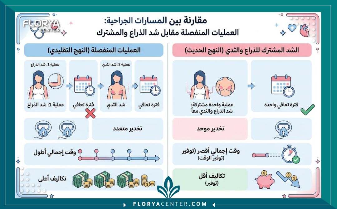 إنفوجرافيك يقارن بين تكلفة ووقت عملية دمج شد الذراعين والثدي معاً مقابل الإجراء المنفصل لتوضيح التوفير الاقتصادي واستخدام تخدير واحد.