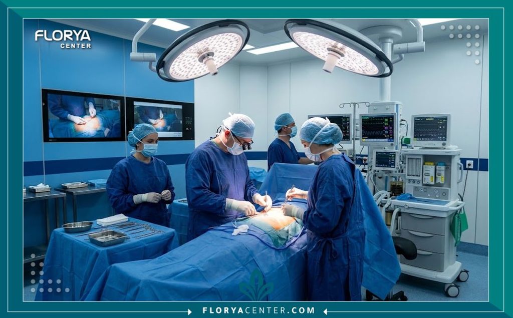 فريق طبي جراحي متخصص داخل غرفة عمليات مجهزة بأحدث التقنيات لإجراء عمليات التجميل المدمجة بأمان.