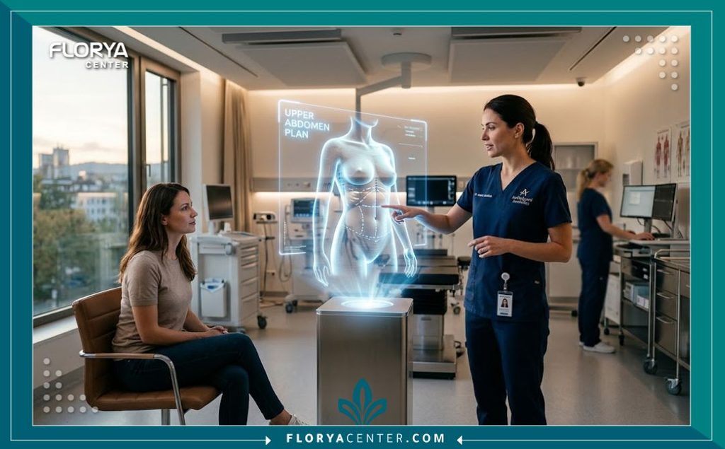غرفة استشارة طبية حديثة ومجهزة بأحدث التقنيات في عيادة تجميل رائدة، للتحضير لإجراء جراحة شد البطن العكسي.