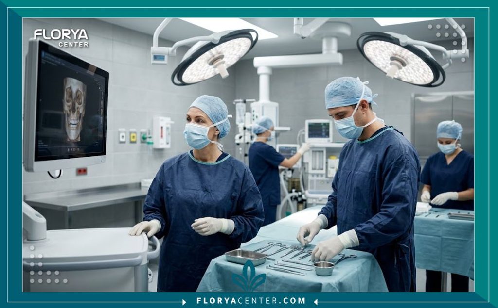 غرفة عمليات مجهزة بأحدث التقنيات الطبية لإجراء جراحة شد الظهر في عيادة تجميل متطورة.