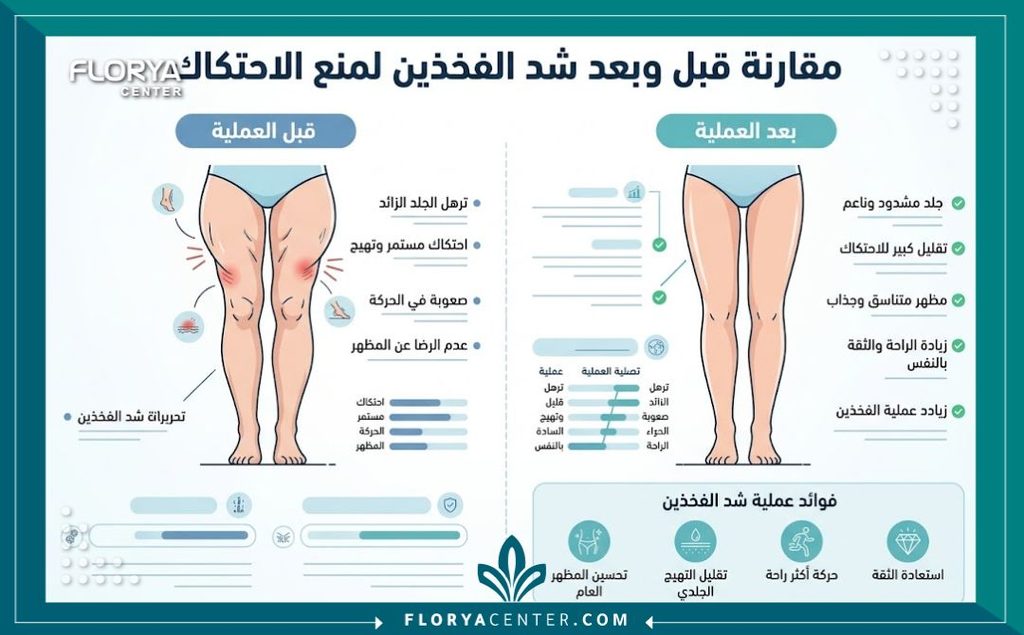 إنفوجرافيك يقارن بين شكل الفخذين قبل وبعد جراحة شد الفخذين وعلاج مشكلة الاحتكاك.