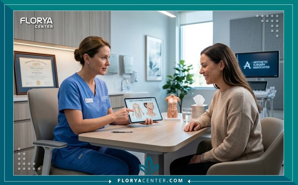 جراح تجميل متخصص داخل مستشفى حديث يشرح للمريضة خطة عملية شد الرقبة العميقة بالتزامن مع إجراءات شد القوام.