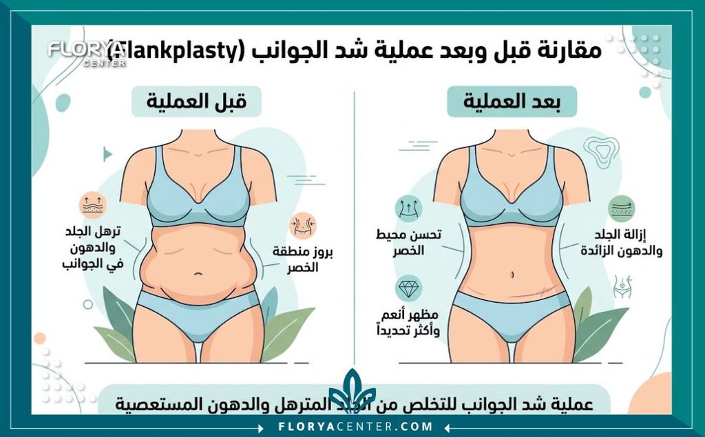 إنفوجرافيك يقارن بين شكل الخصر قبل وبعد عملية شد ورفع الجوانب والتخلص من الجلد المترهل.