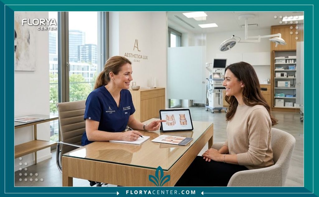 استشارة طبية داخل عيادة تجميل حديثة ومجهزة للتحضير لعملية شد ورفع الجوانب والخصر.