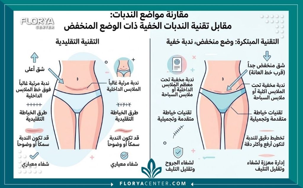 إنفوجرافيك يقارن بين مكان الندبة التقليدية لشد البطن وموقع ندبة عملية قص الجلد المخفية تحت الملابس الداخلية.