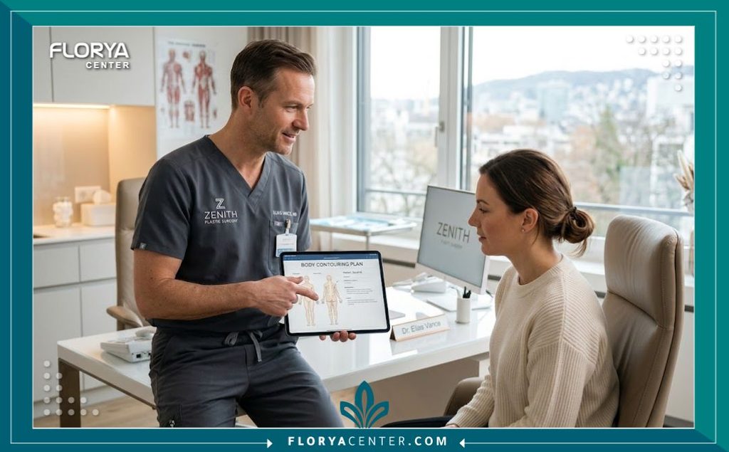 استشارة طبية مع جراح تجميل متخصص داخل مستشفى حديث للتحضير لعملية إزالة الجلد المترهل.