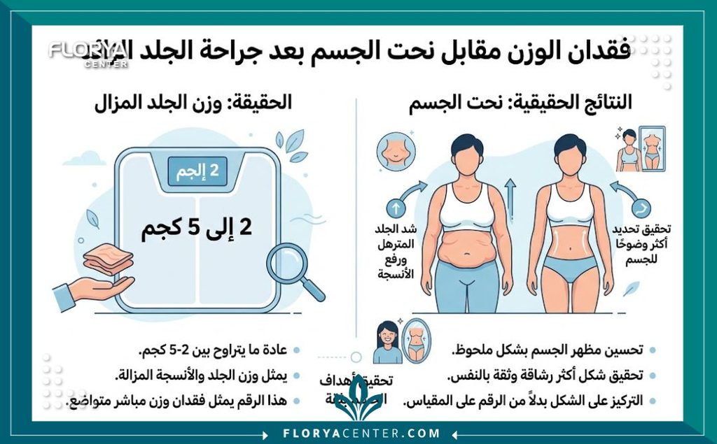 إنفوجرافيك يصحح المفاهيم ويوضح كم كيلو ينزل الوزن بعد عملية قص الجلد حيث يتراوح وزن الجلد المزال بين 2 إلى 5 كيلوجرامات.