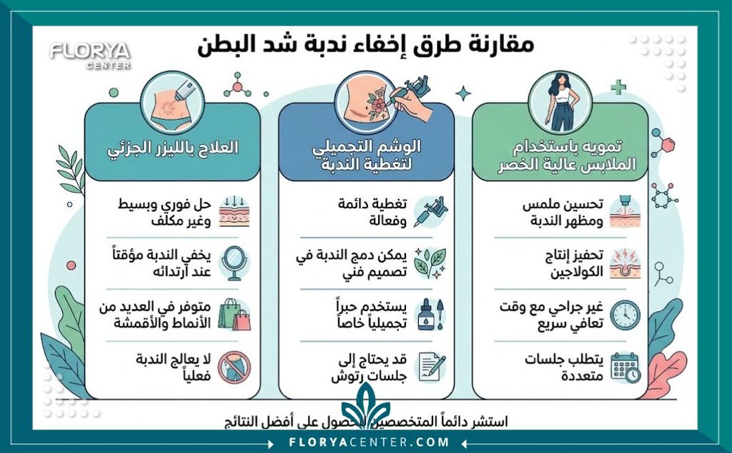 إنفوجرافيك يقارن بين أفضل طرق إخفاء ندبة شد البطن: الفراكشنال ليزر، الوشم التجميلي، والملابس المناسبة.