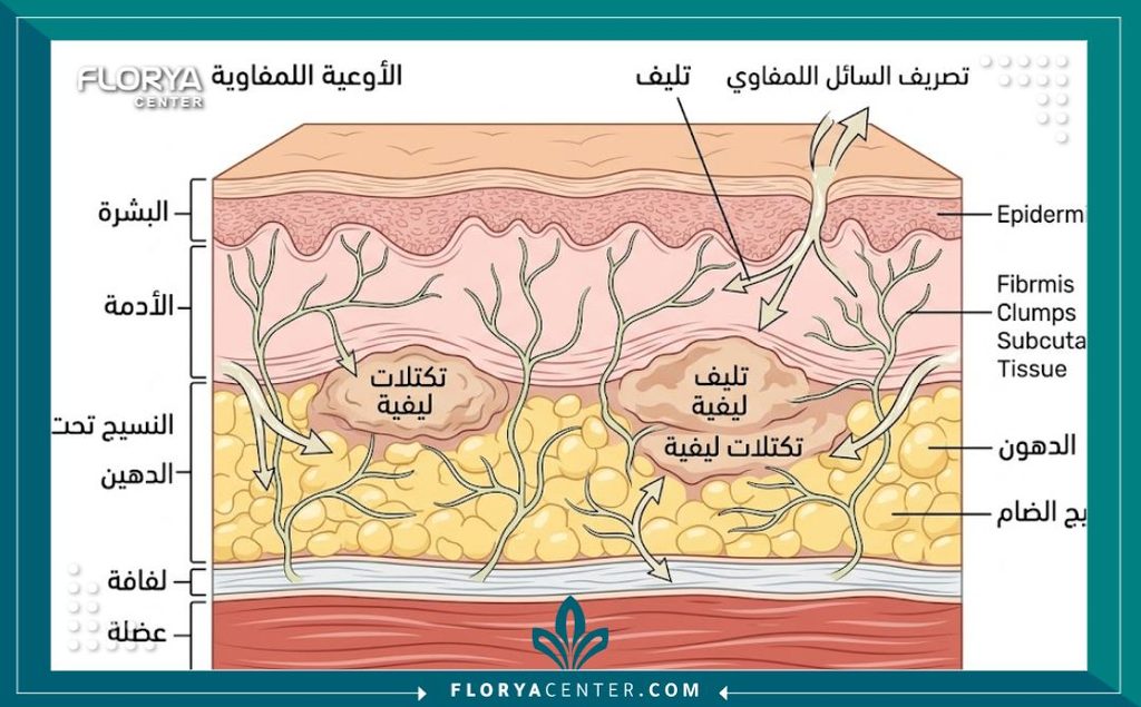 رسم طبي يوضح طبقات الجلد وتكون الكتل القاسية والتحجر بعد عملية شد البطن وكيفية تصريف السوائل.