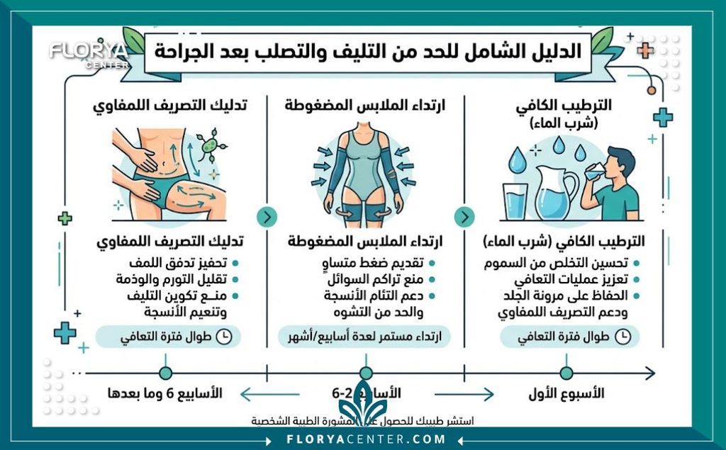 إنفوجرافيك يشرح خطوات التخلص من التحجر بعد شد البطن وأهمية المساج اللمفاوي والمشد الطبي.