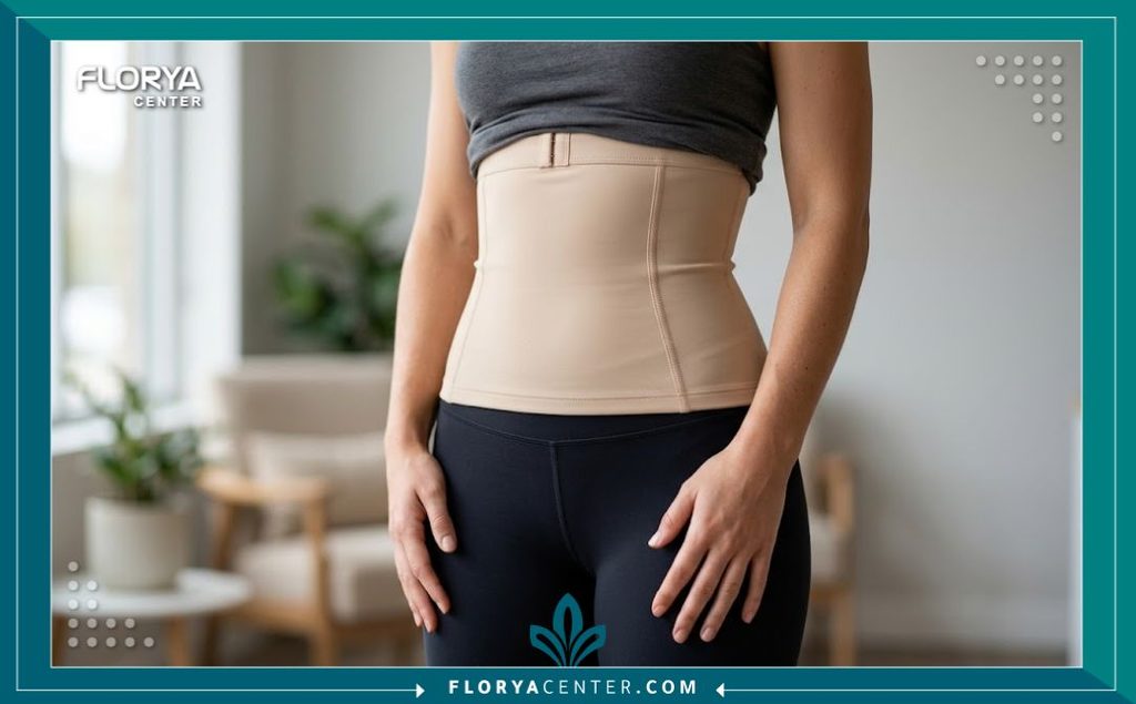 عارضة ترتدي المشد الطبي بعد عملية شد البطن للوقاية من تجمع السوائل وتقليل التحجر.