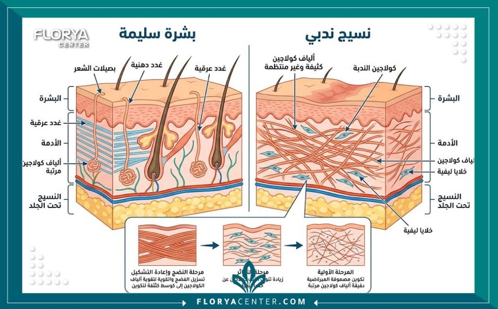 كيفية التخلص من ندبات شد الفخذين 2 رسم توضيحي طبي يوضح تشريح طبقات الجلد ونسيج ندبة شد الفخذين الداخلي لمتابعة مراحل الشفاء.