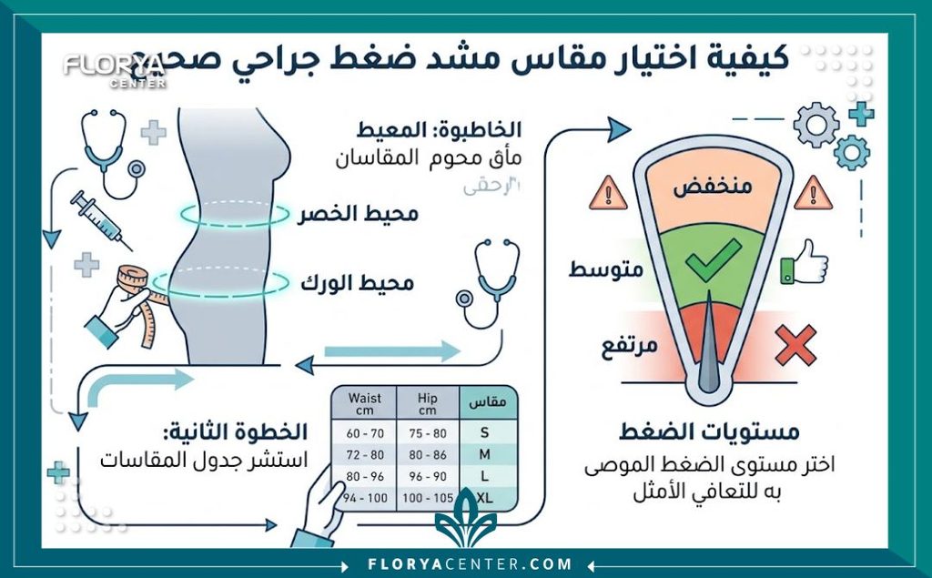 كيف أختار المشد المناسب بعد العملية 3 إنفوجرافيك يشرح كيفية أخذ مقاسات الجسم لاختيار المشد الطبي ومستوى الضغط الصحيح بعد جراحات التجميل.