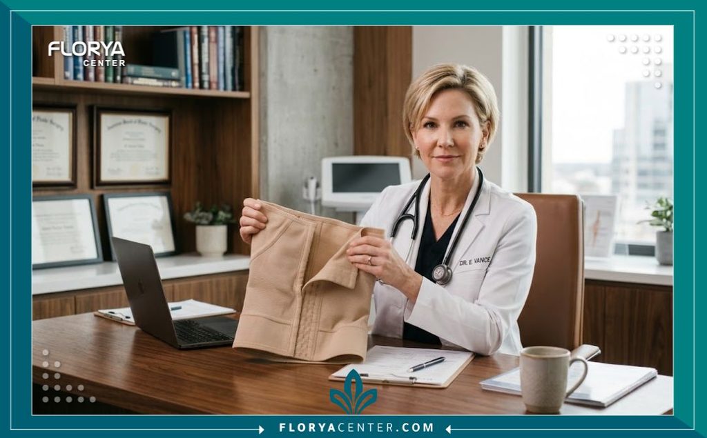 كيف أختار المشد المناسب بعد العملية 4 طبيبة في عيادة تجميل حديثة تشرح للمريضة أهمية ارتداء المشد الطبي الصحيح لضمان نجاح العملية.